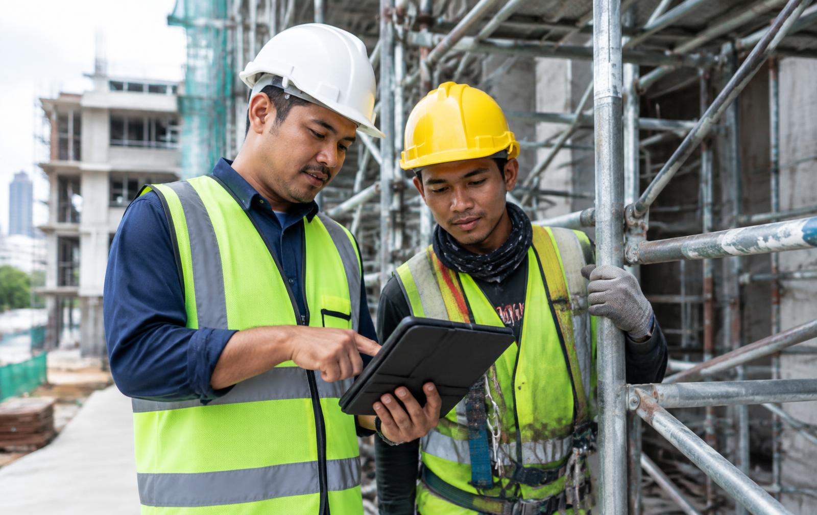 Site supervisor and scaffolder reviewing a tablet beside scaffolding on a building site