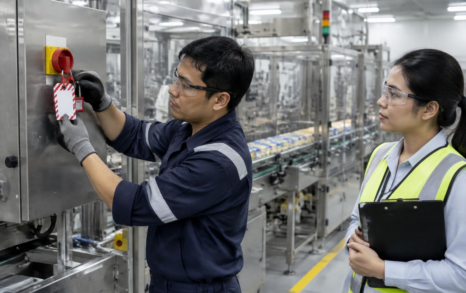Technician locking out an electrical isolator on a packaging line while a supervisor watches