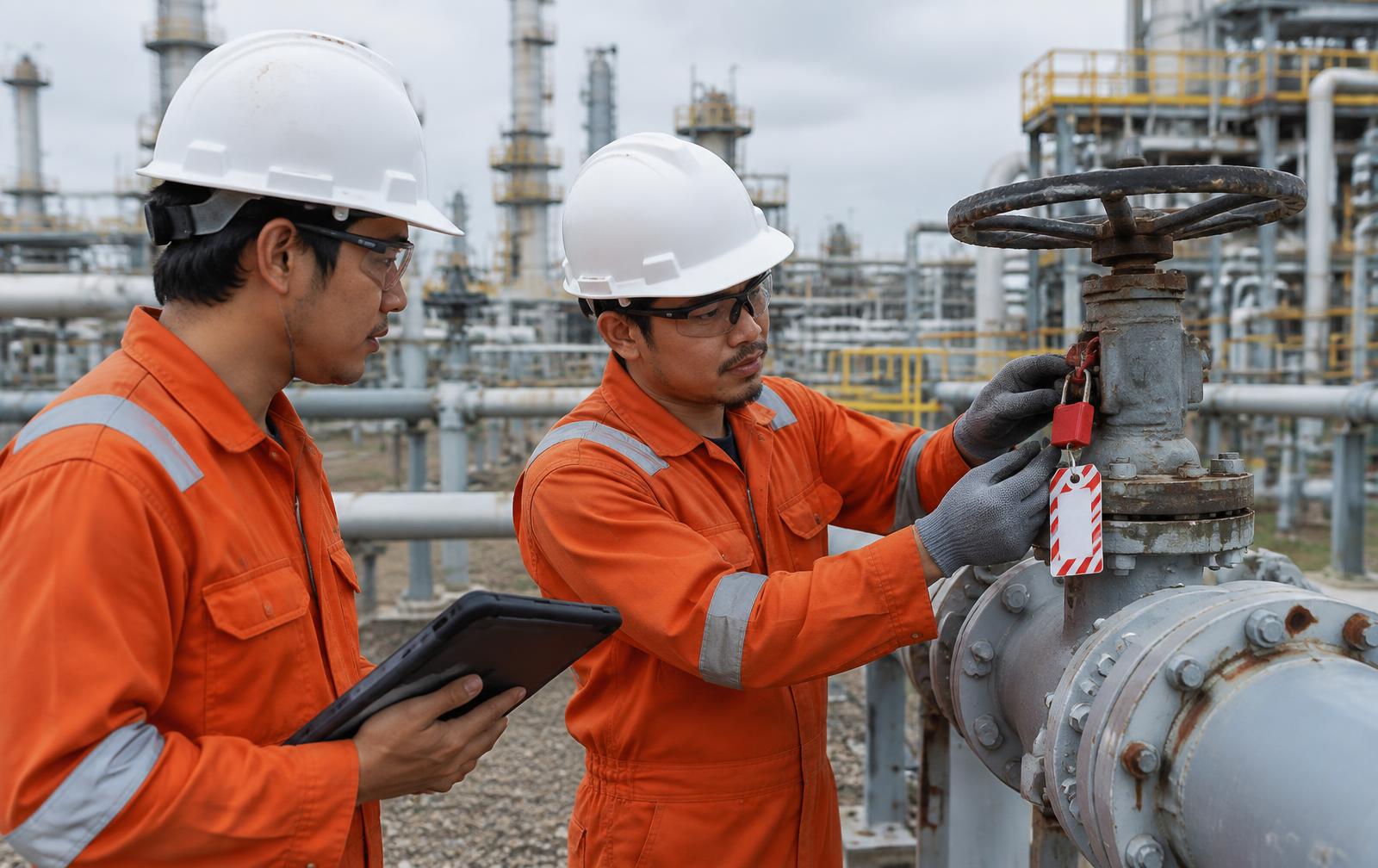 Two technicians applying a lock and tag to a valve at a gas processing plant